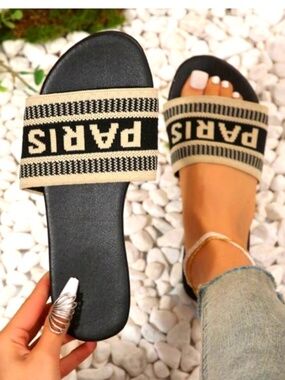 Paris Black Slip On Summer Flat Open Toe Sandals Size 37